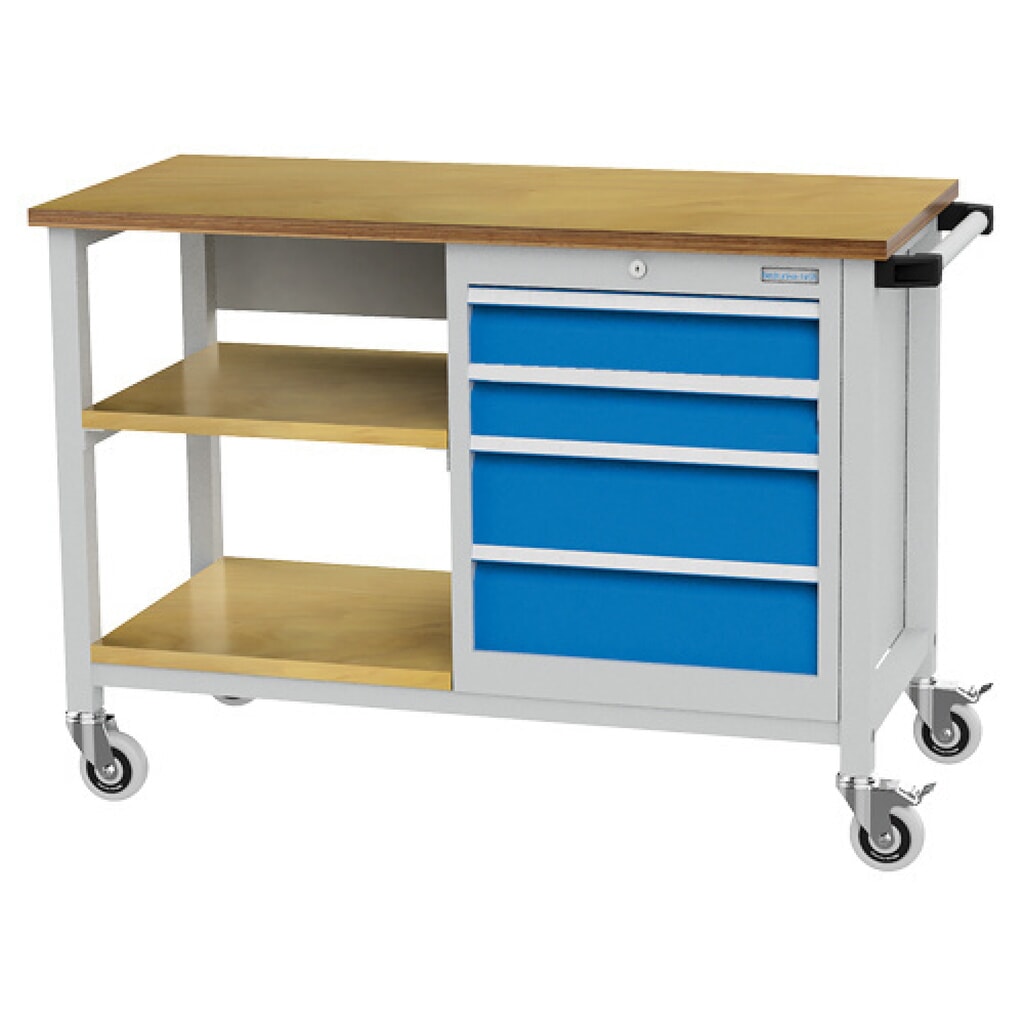 Product afbeelding: Mobiele Werkbank Bedrunka+Hirth R 18-16, hxbxd 880 x 1.200 x 540 mm, lichtgrijs, lichtblauw, 2 legborden, 4 lades 2x100 + 2x150 mm