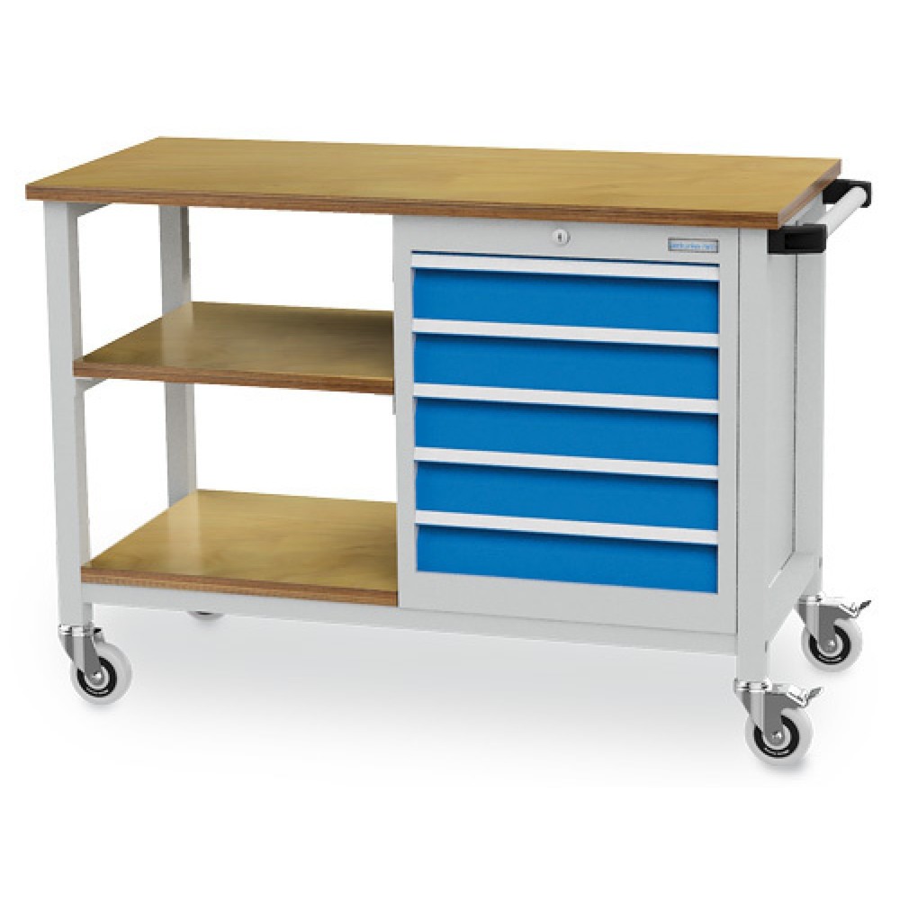 Product afbeelding: Mobiele Werkbank Bedrunka+Hirth R 18-16, hxbxd 880 x 1.200 x 540 mm, lichtgrijs, lichtblauw, 2 legborden, 5 lades 5x100 mm