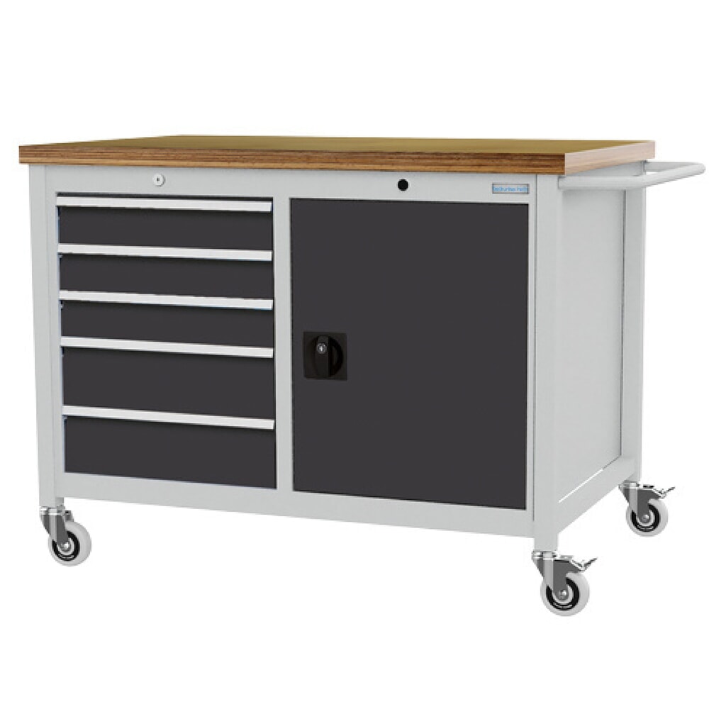 Mobiele werkbank Bedrunka+Hirth R 18-24, hxbxd 950 x 1.250 x 750 mm, lichtgrijs, antracietgrijs, 5 lades 3x100 + 2x150 mm, 1 draaideur 1x600 mm Product afbeelding: Mobiele werkbank Bedrunka+Hirth R 18-24, hxbxd 950 x 1.250 x 750 mm, lichtgrijs, antracietgrijs, 5 lades 3x100 + 2x150 mm, 1 draaideur 1x600 mm