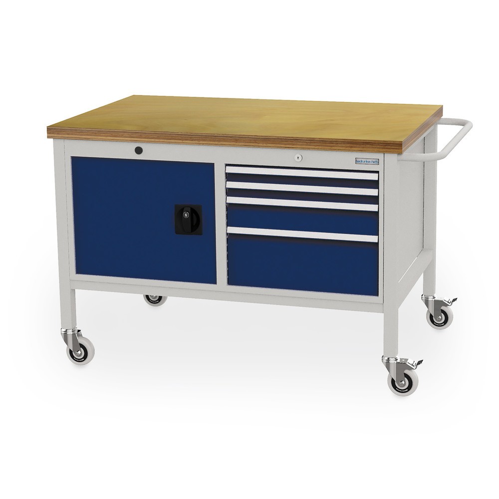 Productafbeelding nr. 1: Mobiele werkbank, kast, 4 lades op verschillende hoogtes, cap. 400 kg, kobaltblauw
