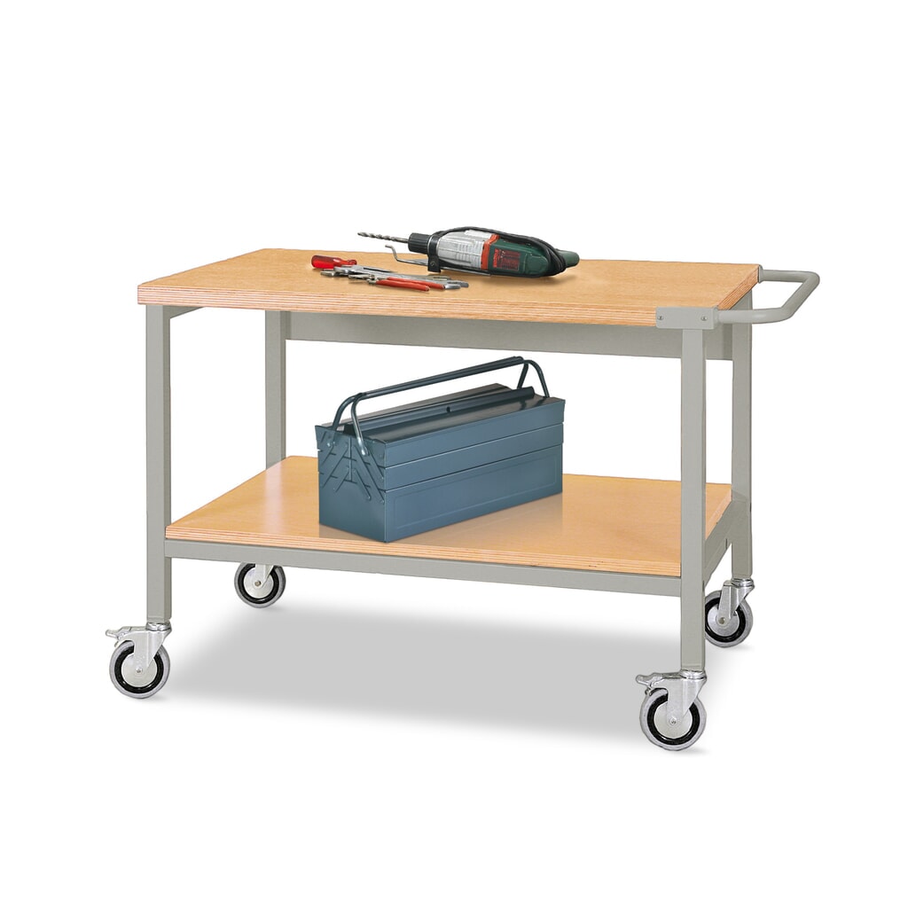 Mobiele werkbank met wielen, 2 houten legborden van 1.200 x 750 mm, cap. 400 kg Product afbeelding: Mobiele werkbank met wielen, 2 houten legborden van 1.200 x 750 mm, cap. 400 kg