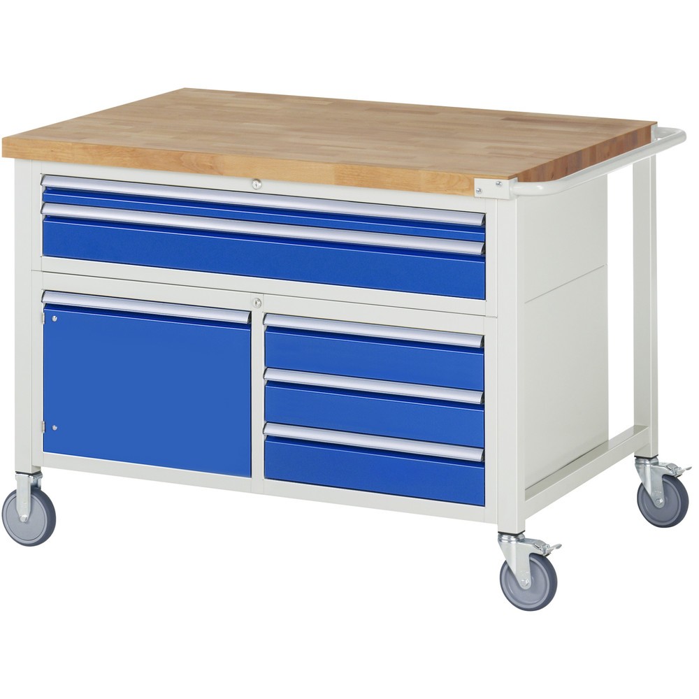 Product afbeelding: Mobiele werkbank RAU serie 8000, 1 driedubbele kast, 1 draaideur, hxbxd 920-1.120 x 1.250 x 900 mm, 5 x voor 90% uittrekbare lades