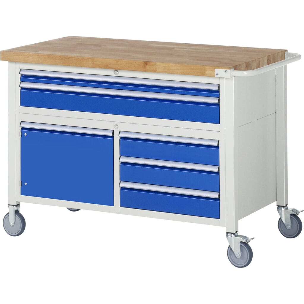 Product afbeelding: RAU verrijdbare werkbank serie 8000, h x b x d 920 x 1.250 x 700 mm, 1 driedubbele onderbouwkast, met 5 lades en 1 openslaande deur