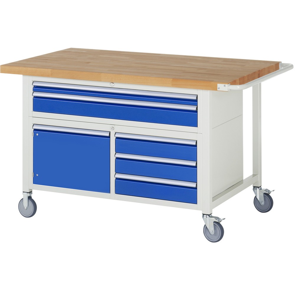 Product afbeelding: RAU verrijdbare werkbank serie 8000, h x b x d 920 x 1.500 x 900 mm, 1 driedubbele onderbouwkast, met 5 lades en 1 openslaande deur