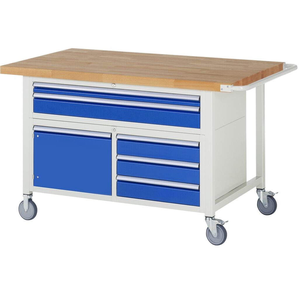 RAU verrijdbare werkbank serie 8000, h x b x d 920 x 1.500 x 900 mm, 1 driedubbele onderbouwkast, met 5 lades en 1 openslaande deur Product afbeelding: RAU verrijdbare werkbank serie 8000, h x b x d 920 x 1.500 x 900 mm, 1 driedubbele onderbouwkast, met 5 lades en 1 openslaande deur