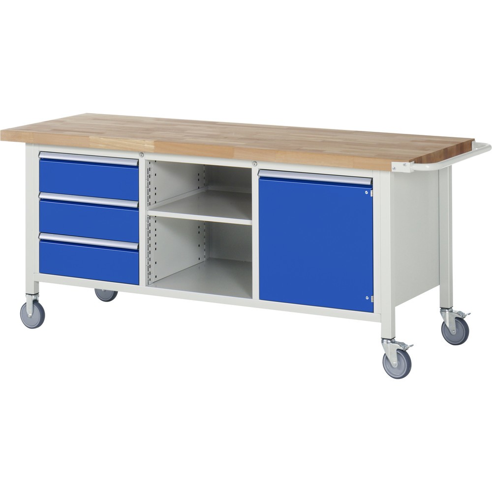 Product afbeelding: Mobiele werkbank RAU serie 8000, 1 driedubbele kast, 1 legbord, 1 draaideur, hxbxd 880-1.080 x 2.000 x 700 mm, 3 x voor 100% uittrekbare lades