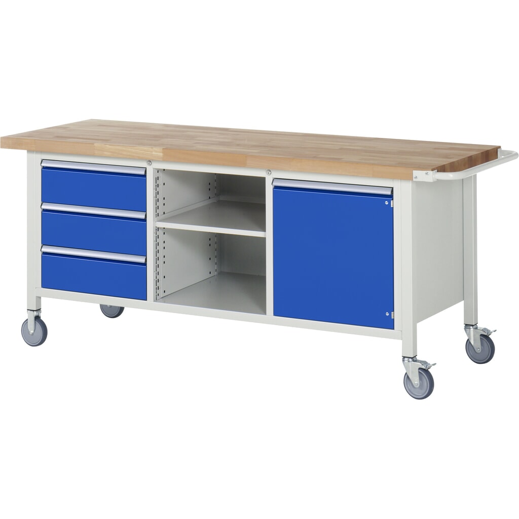 Mobiele werkbank RAU serie 8000, 1 driedubbele kast, 1 legbord, 1 draaideur, hxbxd 880-1.080 x 2.000 x 700 mm, 3 x voor 90% uittrekbare lades Product afbeelding: Mobiele werkbank RAU serie 8000, 1 driedubbele kast, 1 legbord, 1 draaideur, hxbxd 880-1.080 x 2.000 x 700 mm, 3 x voor 90% uittrekbare lades