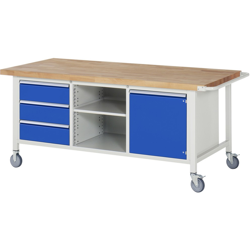 Productafbeelding nr. 1: RAU verrijdbare werkbank serie 8000, h x b x d 880 x 2.000 x 900 mm, 1 driedubbele onderbouwkast, met 3 lades en 1 openslaande deur