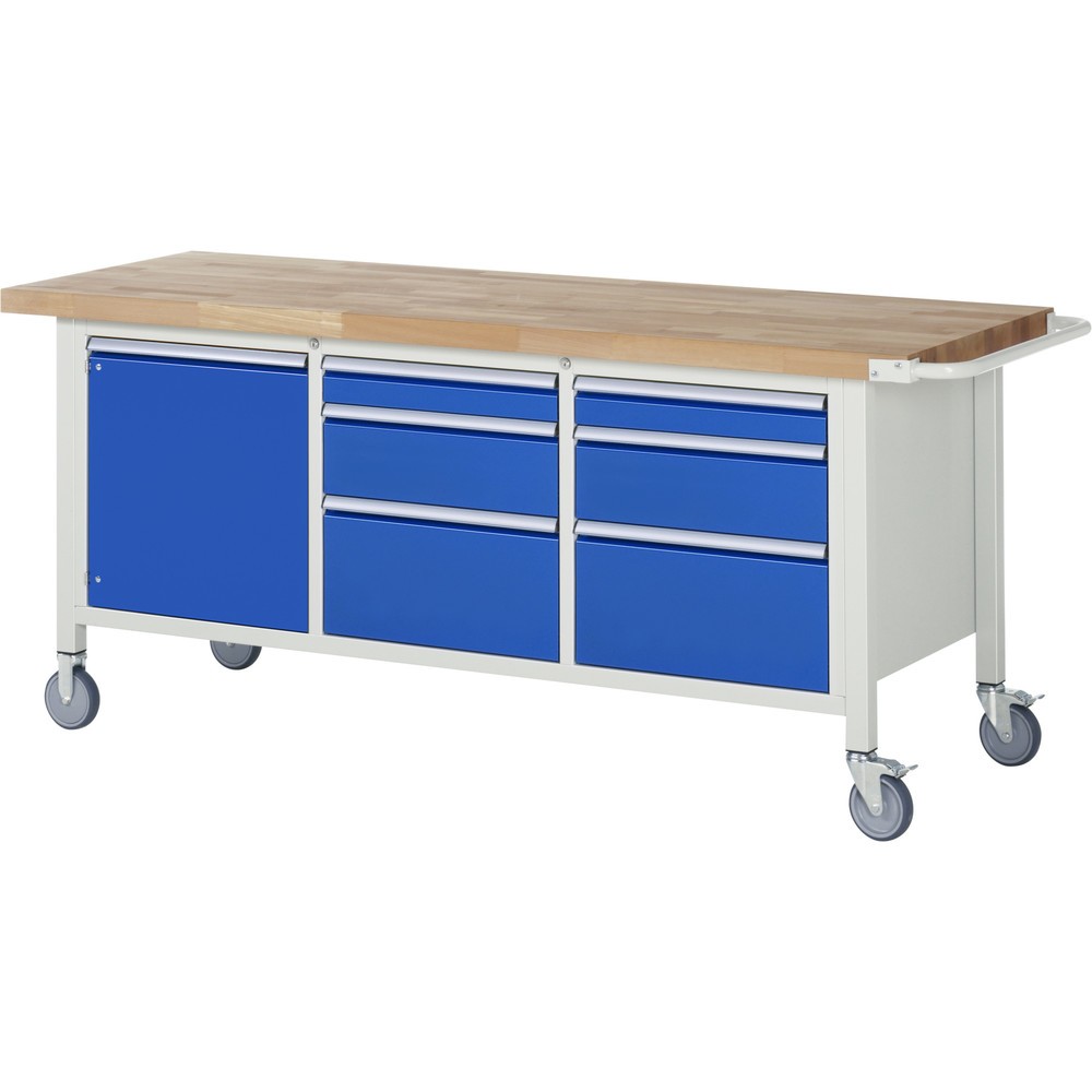 Product afbeelding: Mobiele werkbank RAU serie 8000, 1 driedubbele kast, 1 legbord, 1 draaideur, hxbxd 880-1.080 x 2.000 x 700 mm, 6 x voor 90% uittrekbare lades