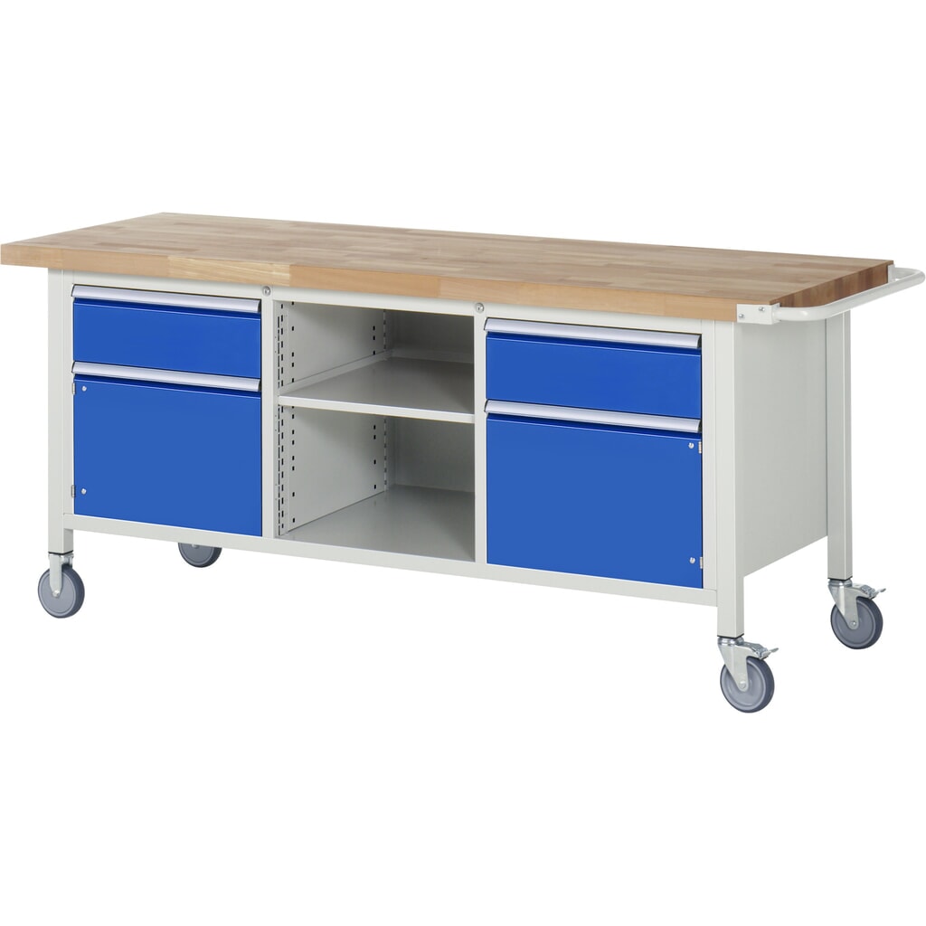 Product afbeelding: RAU verrijdbare werkbank serie 8000, h x b x d 880 x 2.000 x 700 mm, 1 driedubbele onderbouwkast, met 2 lades en 2 openslaande deuren