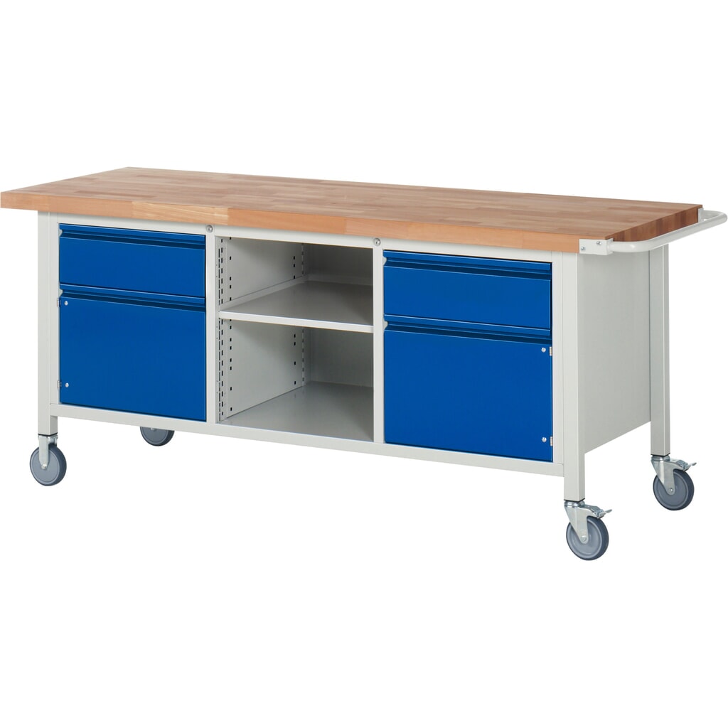 Product afbeelding: Mobiele werkbank RAU serie 8000, 1 driedubbele kast, 1 legbord, 2 draaideuren, hxbxd 880 x 2.000 x 700 mm, 2 lades 2 x 180 mm