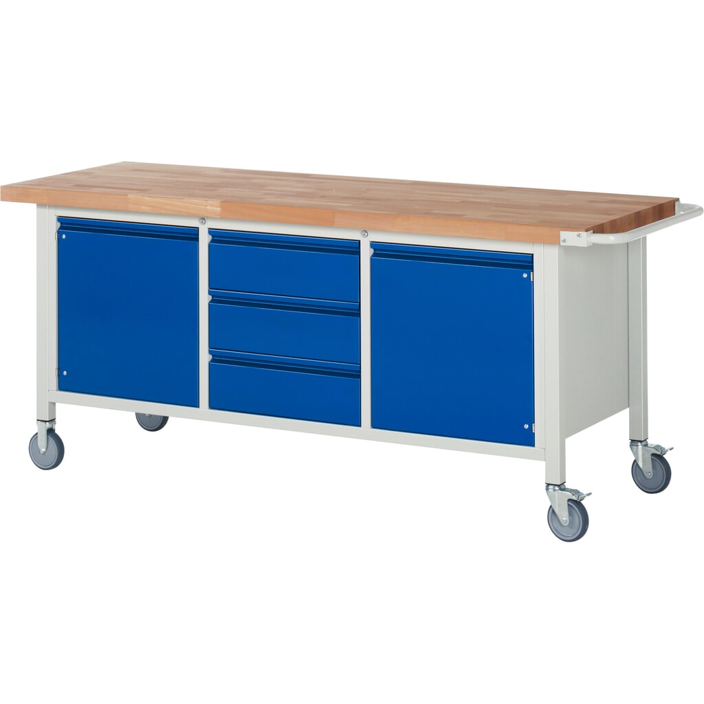 Mobiele werkbank RAU serie 8000, 1 driedubbele kast, 1 legbord, 2 draaideuren, hxbxd 880 x 2.000 x 700 mm, 3 lades 3 x 180 mm Product afbeelding: Mobiele werkbank RAU serie 8000, 1 driedubbele kast, 1 legbord, 2 draaideuren, hxbxd 880 x 2.000 x 700 mm, 3 lades 3 x 180 mm