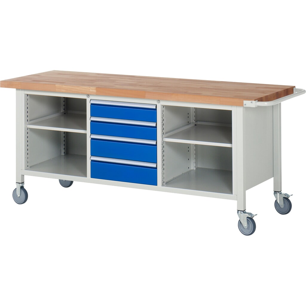 Mobiele werkbank RAU serie 8000, 1 driedubbele kast, 1 legbord, hxbxd 880-1.080 x 2.000 x 700 mm, 4 x voor 90% uittrekbare lades Product afbeelding: Mobiele werkbank RAU serie 8000, 1 driedubbele kast, 1 legbord, hxbxd 880-1.080 x 2.000 x 700 mm, 4 x voor 90% uittrekbare lades
