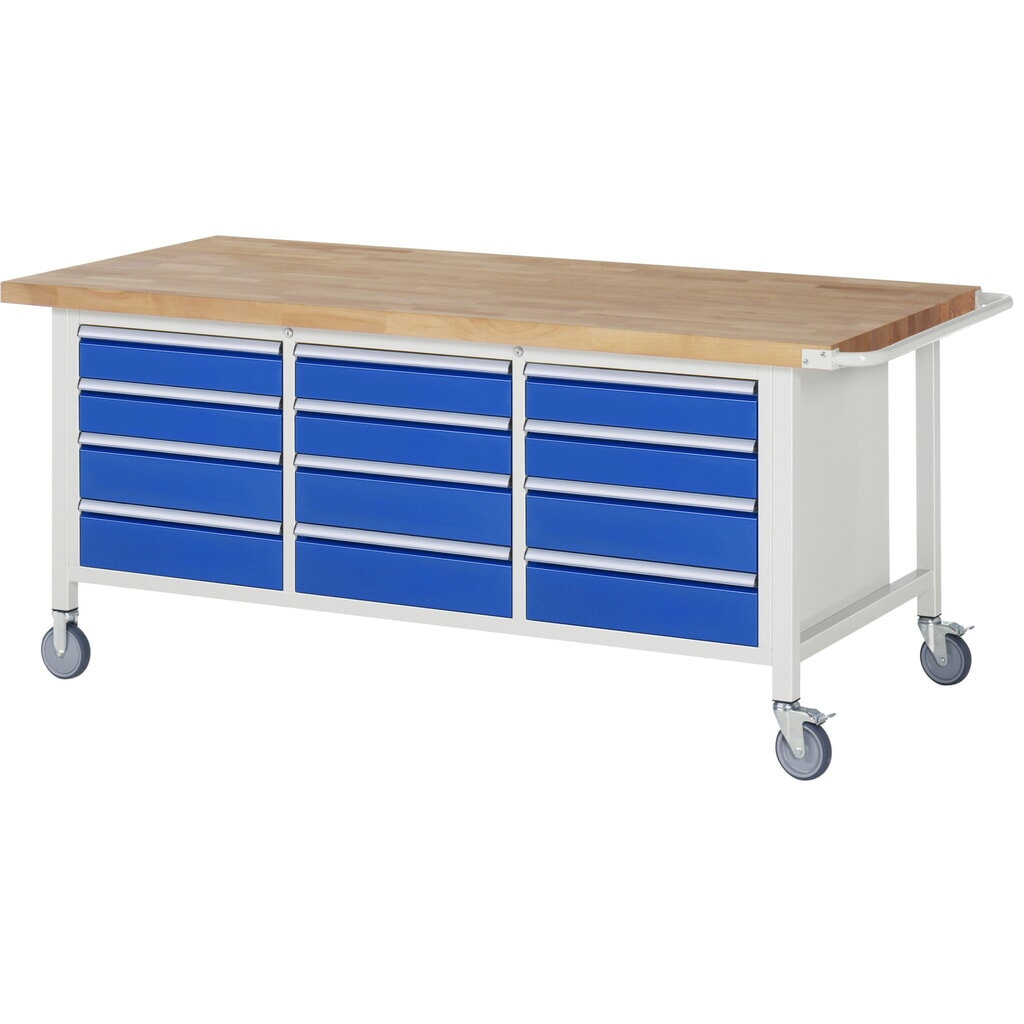 Product afbeelding: RAU verrijdbare werkbank serie 8000, h x b x d 880 x 2.000 x 900 mm, 1 driedubbele onderbouwkast, met 12 lades