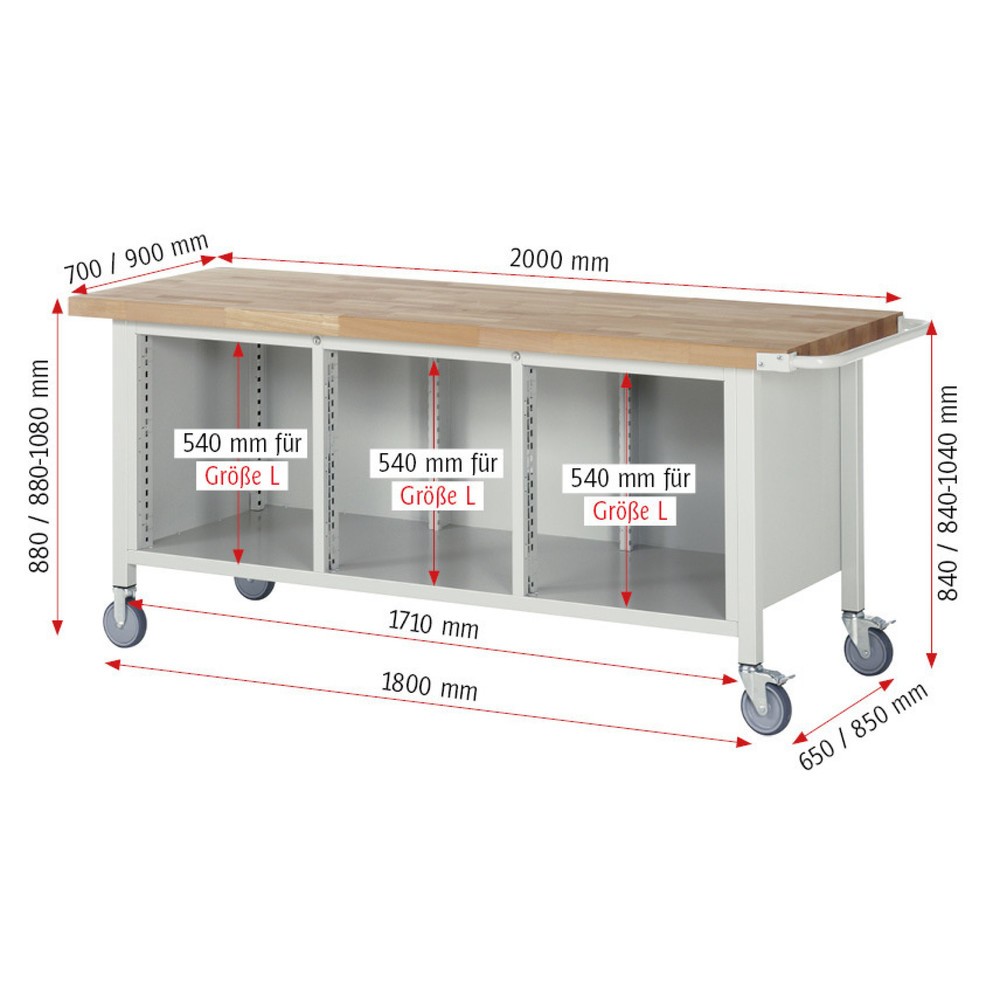Productafbeelding nr. 6: Mobiele werkbank RAU serie 8000, 1 driedubbele kast, 1 legbord, 1 draaideur, hxbxd 880-1.080 x 2.000 x 700 mm, 3 x voor 90% uittrekbare lades