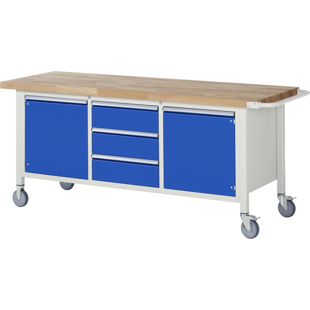 Product afbeelding: Mobiele werkbank RAU serie 8000, 1 driedubbele kast, 2 legborden, 2 draaideuren, hxbxd 880-1.080 x 2.000 x 700 mm, 3 x voor 90% uittrekbare lades