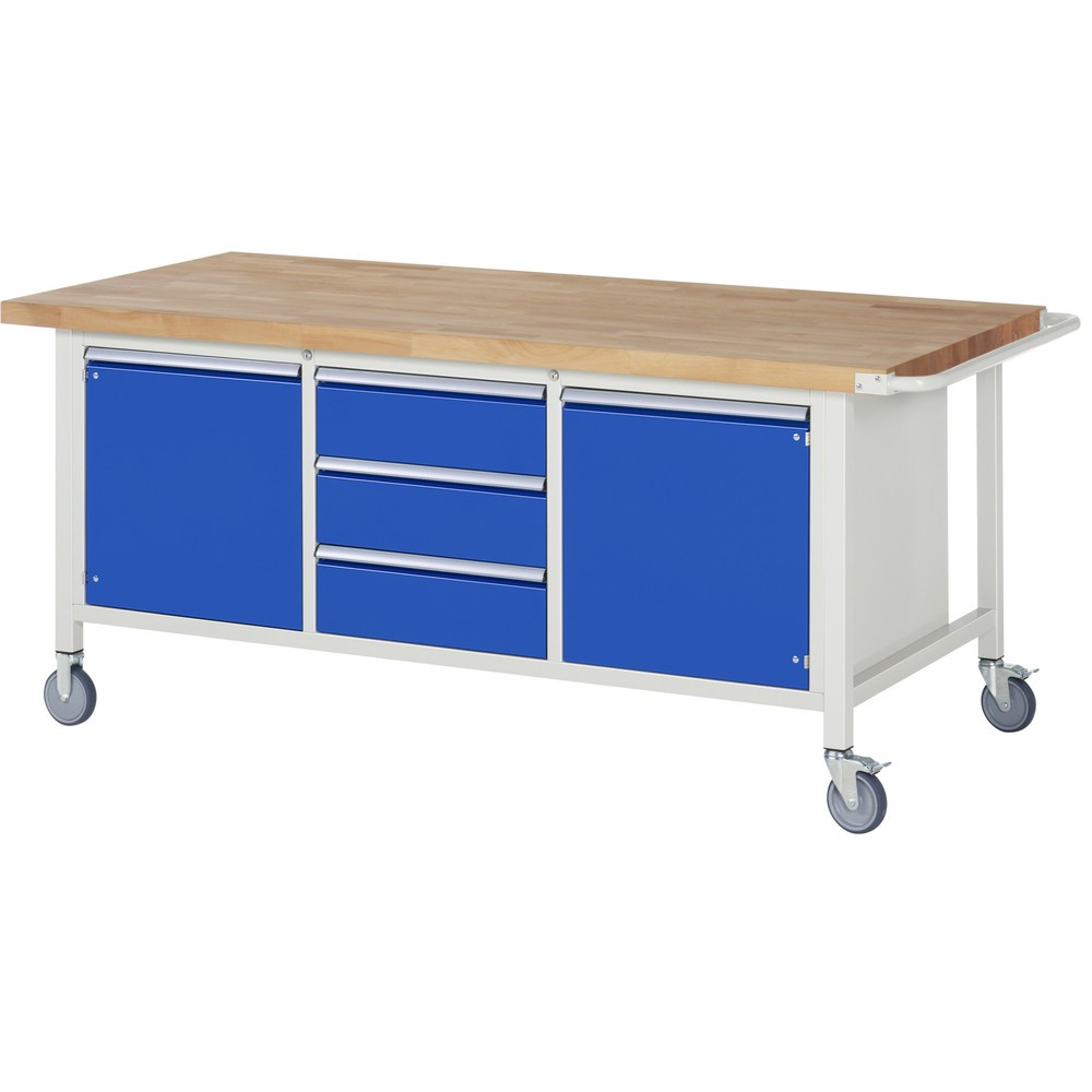 Product afbeelding: RAU verrijdbare werkbank serie 8000, h x b x d 880 x 2.000 x 900 mm, 1 driedubbele onderbouwkast, met 3 lades en 2 openslaande deuren