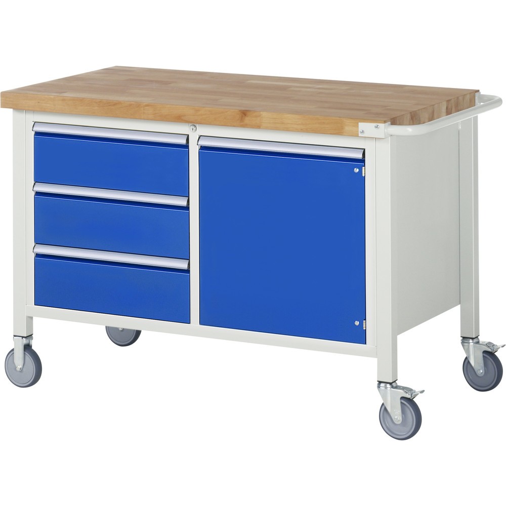 Product afbeelding: Mobiele werkbank RAU serie 8000, 1 dubbele kast, 1 legbord, 1 draaideur, hxbxd 880-1.080 x 1.250 x 700 mm, 3 x voor 90% uittrekbare lades