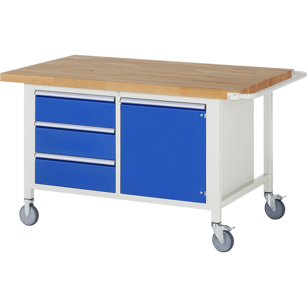 RAU verrijdbare werkbank serie 8000, h x b x d 880 x 1.500 x 900 mm, 1 dubbele onderbouwkast, met 3 lades en 1 openslaande deur Product afbeelding: RAU verrijdbare werkbank serie 8000, h x b x d 880 x 1.500 x 900 mm, 1 dubbele onderbouwkast, met 3 lades en 1 openslaande deur
