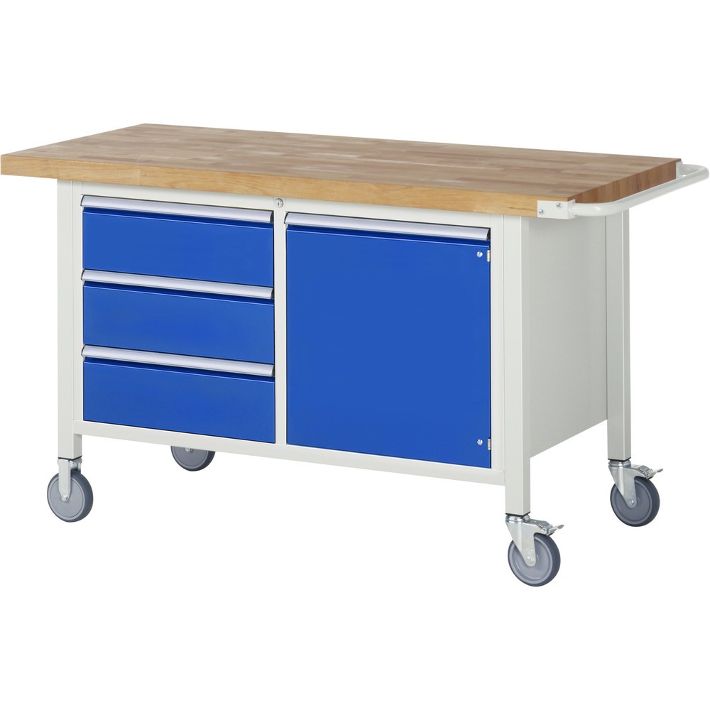 Product afbeelding: RAU verrijdbare werkbank serie 8000, h x b x d 880 x 1.500 x 700 mm, 1 dubbele onderbouwkast, met 3 lades en 1 openslaande deur