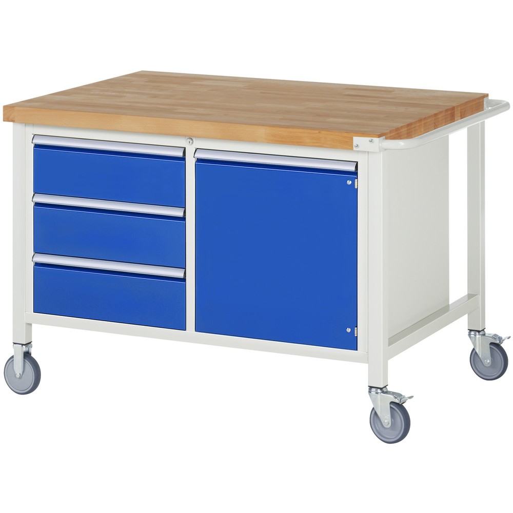Product afbeelding: RAU verrijdbare werkbank serie 8000, h x b x d 880 x 1.250 x 900 mm, 1 dubbele onderbouwkast, met 3 lades en 1 openslaande deur