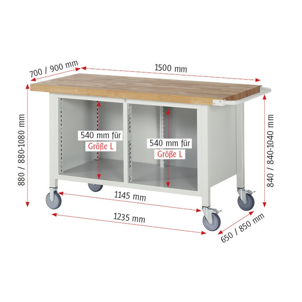 Productafbeelding nr. 6: Mobiele werkbank RAU serie 8000, 1 dubbele kast, 1 legbord, 1 draaideur, hxbxd 880-1.080 x 1.500 x 700 mm, 3 x voor 90% uittrekbare lades
