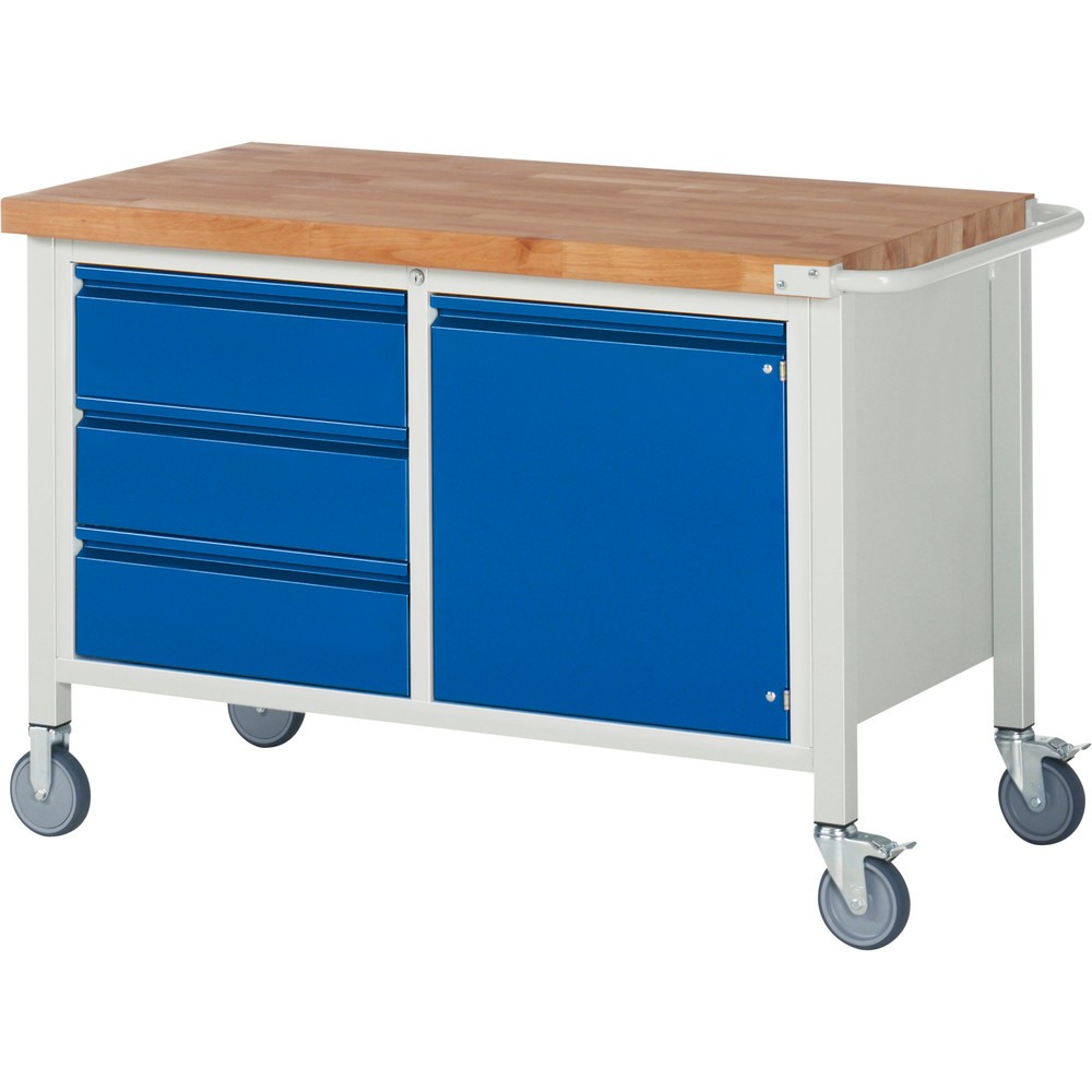 Productafbeelding nr. 1: Mobiele werkbank RAU serie 8000, 1 dubbele kast, 1 legbord, 1 draaideur, hxbxd 880 x 1.250 x 700 mm, 3 lades 3 x 180 mm