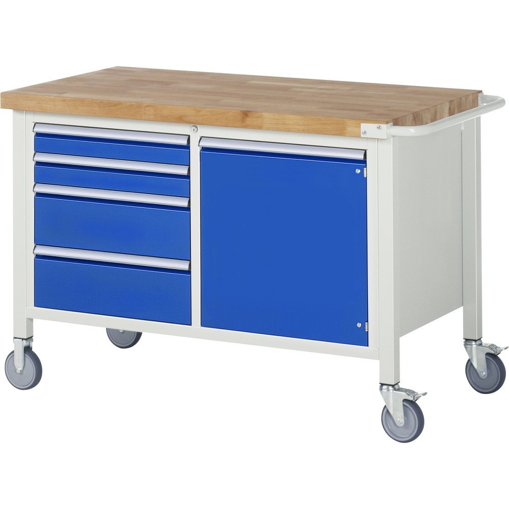 Product afbeelding: RAU verrijdbare werkbank serie 8000, h x b x d 880 x 1.250 x 700 mm, 1 dubbele onderbouwkast, met 4 lades en 1 openslaande deur