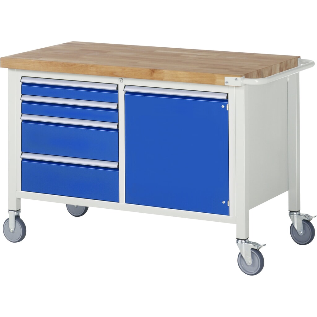 Mobiele werkbank RAU serie 8000, 1 dubbele kast, 1 legbord, 1 draaideur, hxbxd 880-1.080 x 1.250 x 700 mm, 4 x voor 90% uittrekbare lades Product afbeelding: Mobiele werkbank RAU serie 8000, 1 dubbele kast, 1 legbord, 1 draaideur, hxbxd 880-1.080 x 1.250 x 700 mm, 4 x voor 90% uittrekbare lades