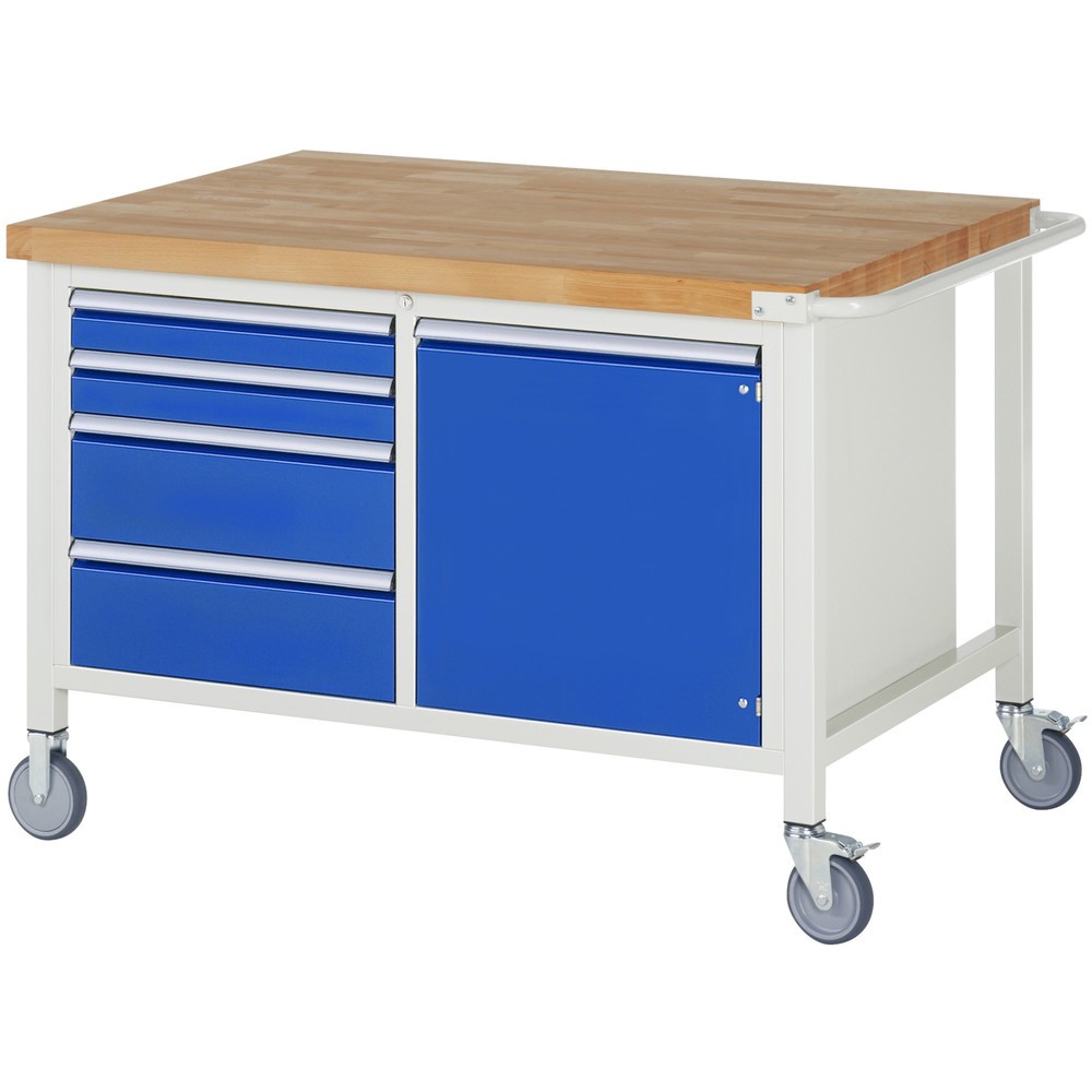 Product afbeelding: Mobiele werkbank RAU serie 8000, 1 dubbele kast, 1 legbord, 1 draaideur, hxbxd 880-1.080 x 1.250 x 900 mm, 4 x voor 90% uittrekbare lades