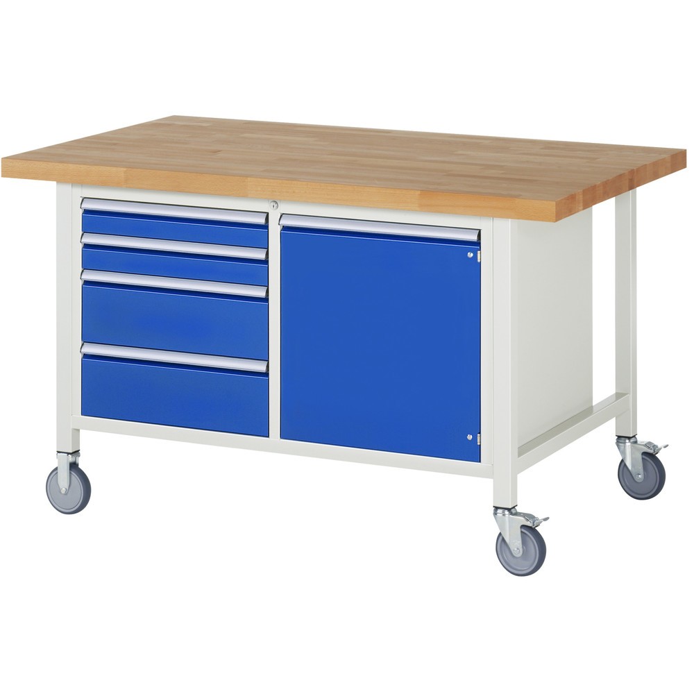 Productafbeelding nr. 1: Mobiele werkbank RAU serie 8000, 1 dubbele kast, 1 legbord, 1 draaideur, hxbxd 880 x 1.500 x 900 mm, 4 x voor 100% uittrekbare lades