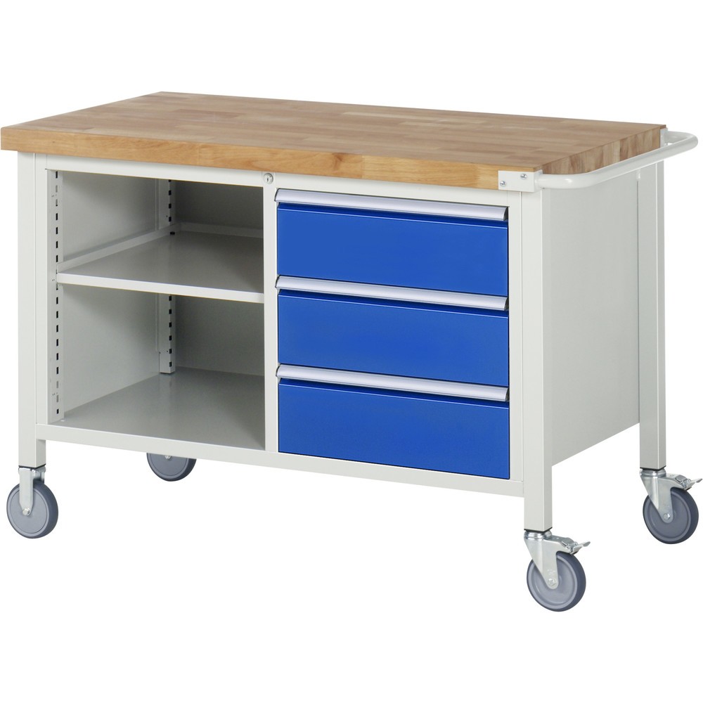 Productafbeelding nr. 1: Mobiele werkbank RAU serie 8000, 1 dubbele kast, 1 legbord, hxbxd 880-1.080 x 1.250 x 700 mm, 3 x voor 90% uittrekbare lades