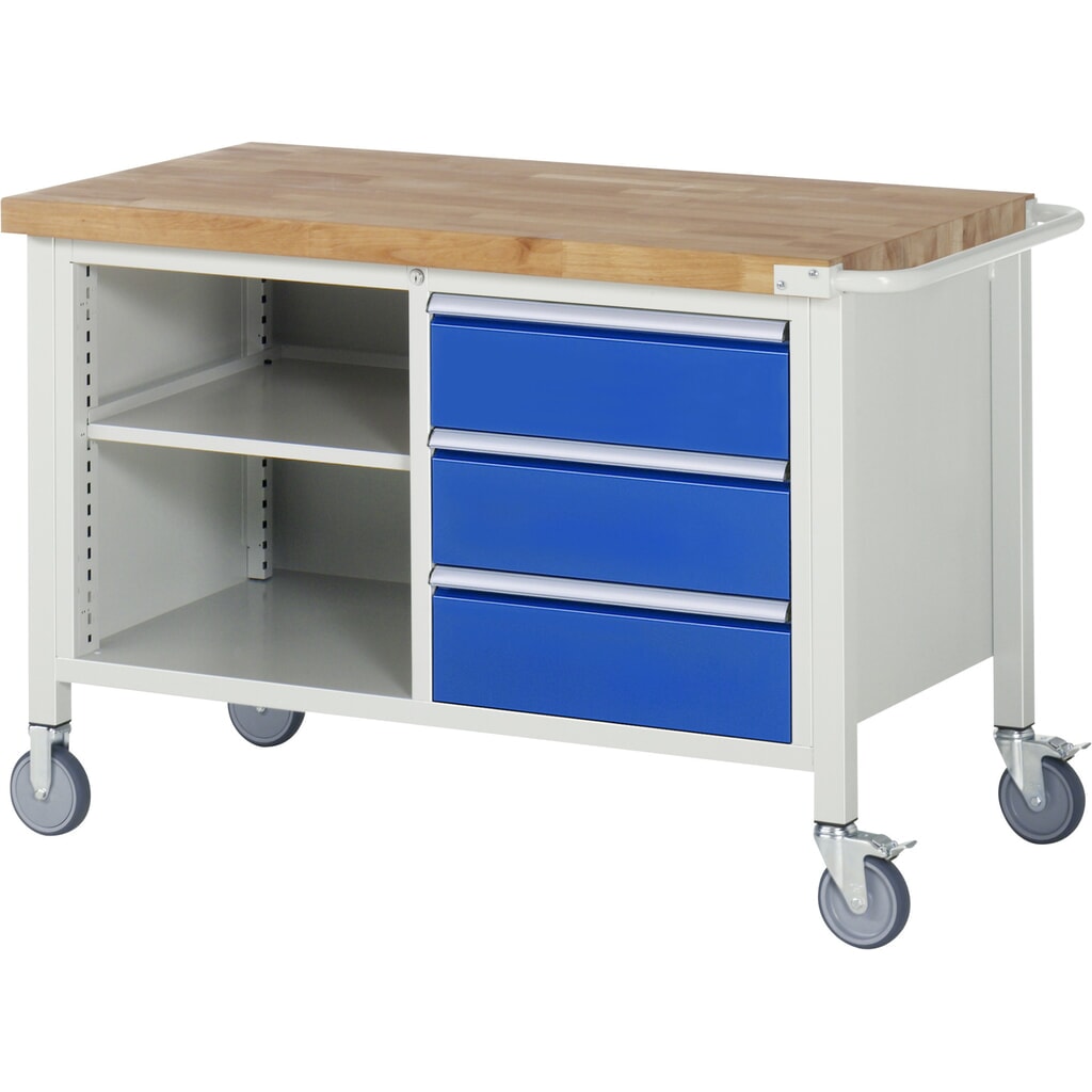 Productafbeelding nr. 1: Mobiele werkbank RAU serie 8000, 1 dubbele kast, 1 legbord, hxbxd 880-1.080 x 1.250 x 700 mm, 3 x voor 90% uittrekbare lades