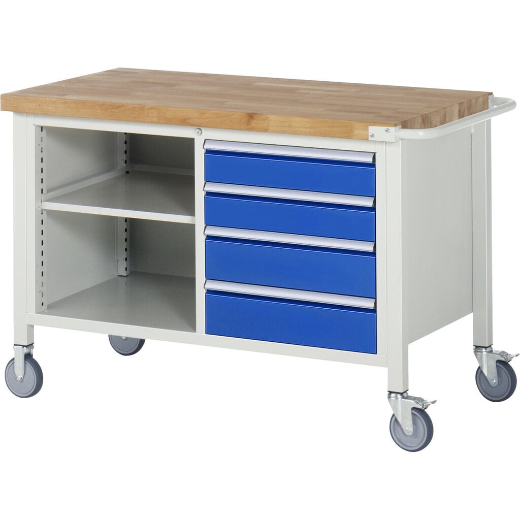 Mobiele werkbank RAU serie 8000, 1 dubbele kast, 1 legbord, hxbxd 880-1.080 x 1.250 x 700 mm, 4 x voor 90% uittrekbare lades Product afbeelding: Mobiele werkbank RAU serie 8000, 1 dubbele kast, 1 legbord, hxbxd 880-1.080 x 1.250 x 700 mm, 4 x voor 90% uittrekbare lades