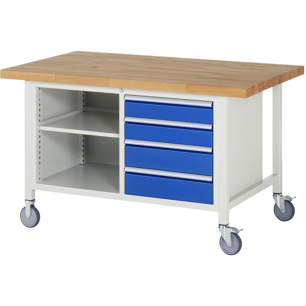 Productafbeelding nr. 1: Mobiele werkbank RAU serie 8000, 1 dubbele kast, 1 legbord, hxbxd 880-1.080 x 1.500 x 900 mm, 4 x voor 90% uittrekbare lades