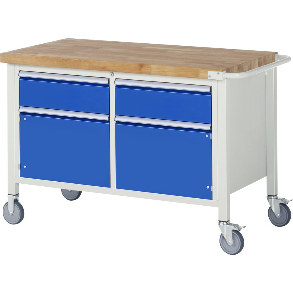 Product afbeelding: RAU verrijdbare werkbank serie 8000, h x b x d 880 x 1.250 x 700 mm, 1 dubbele onderbouwkast, met 2 lades en 2 openslaande deuren
