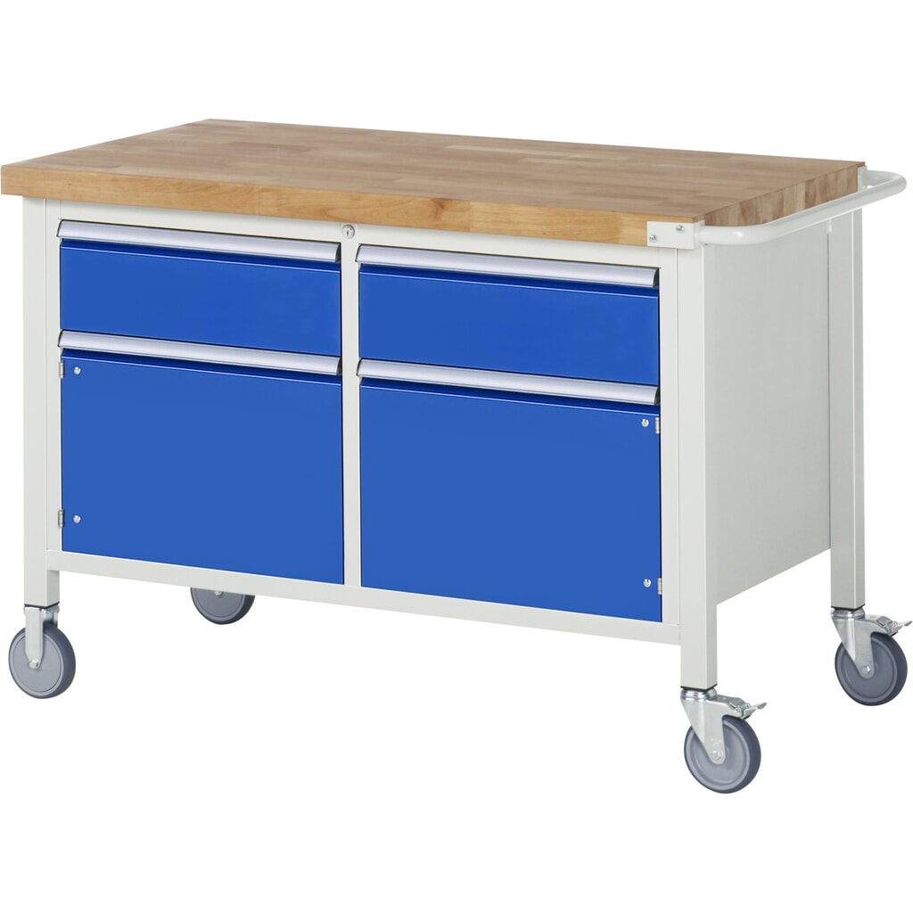 Product afbeelding: Mobiele werkbank RAU serie 8000, 1 dubbele kast, 2 draaideuren, hxbxd 880-1.080 x 1.250 x 700 mm, 2 x voor 90% uittrekbare lades