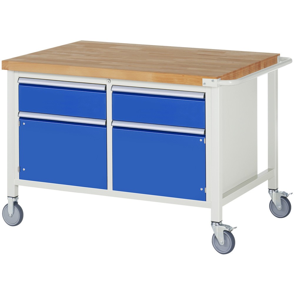 Product afbeelding: RAU verrijdbare werkbank serie 8000, h x b x d 880 x 1.250 x 900 mm, 1 dubbele onderbouwkast, met 2 lades en 2 openslaande deuren