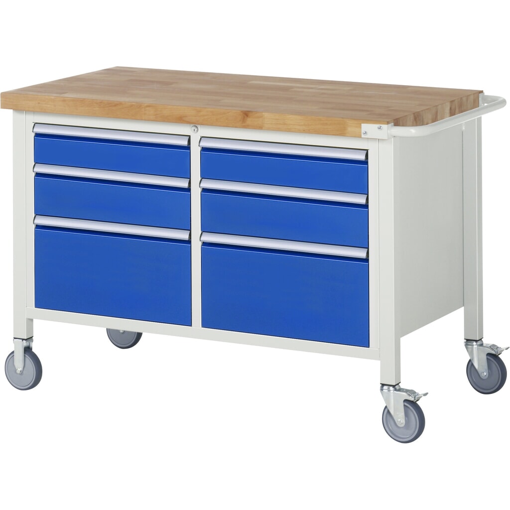 Mobiele werkbank RAU serie 8000, 1 dubbele kast, hxbxd 880-1.080 x 1.250 x 700 mm, 6 x voor 90% uittrekbare lades Product afbeelding: Mobiele werkbank RAU serie 8000, 1 dubbele kast, hxbxd 880-1.080 x 1.250 x 700 mm, 6 x voor 90% uittrekbare lades
