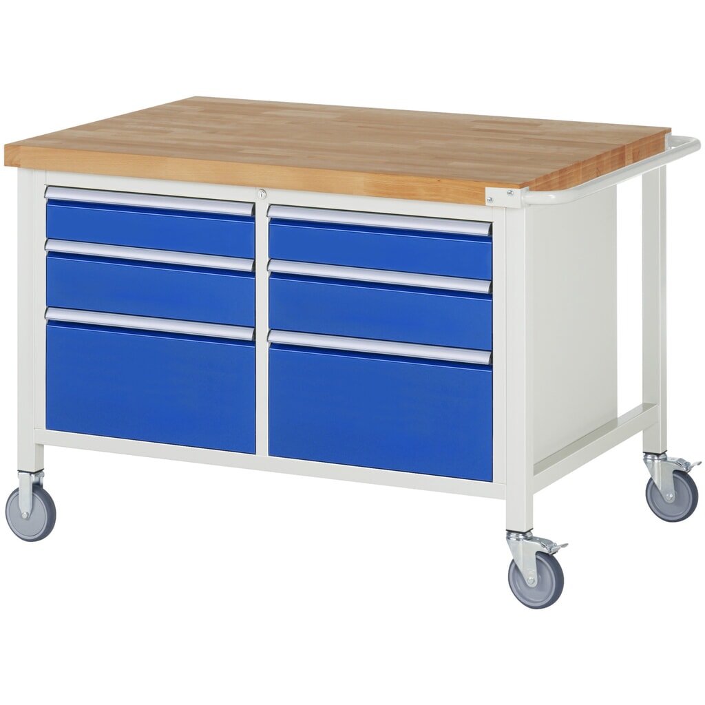 Product afbeelding: RAU verrijdbare werkbank serie 8000, h x b x d 880 x 1.250 x 900 mm, 1 dubbele onderbouwkast, met 6 lades
