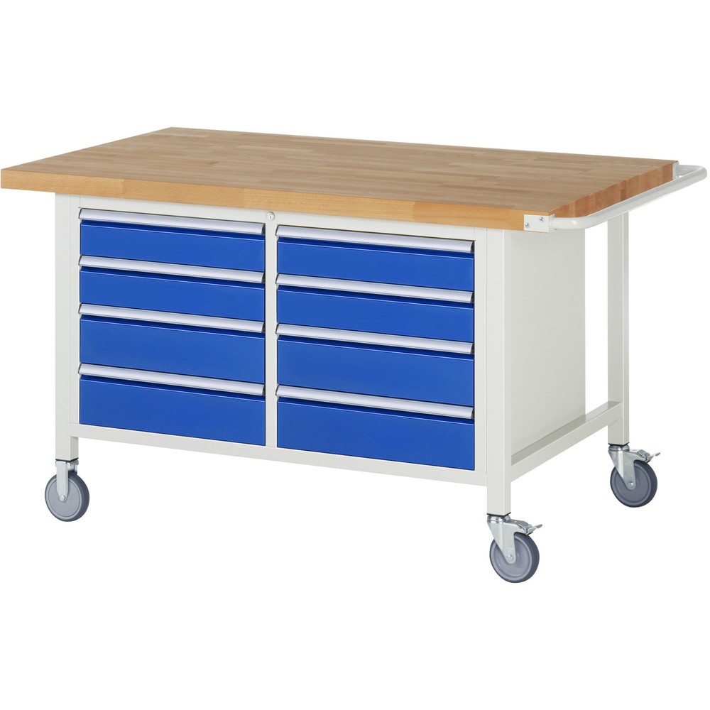 Product afbeelding: RAU verrijdbare werkbank serie 8000, h x b x d 880 x 1.500 x 900 mm, 1 dubbele onderbouwkast, met 8 lades