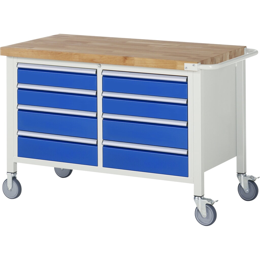 Product afbeelding: RAU verrijdbare werkbank serie 8000, h x b x d 880 x 1.250 x 700 mm, 1 dubbele onderbouwkast, met 8 lades
