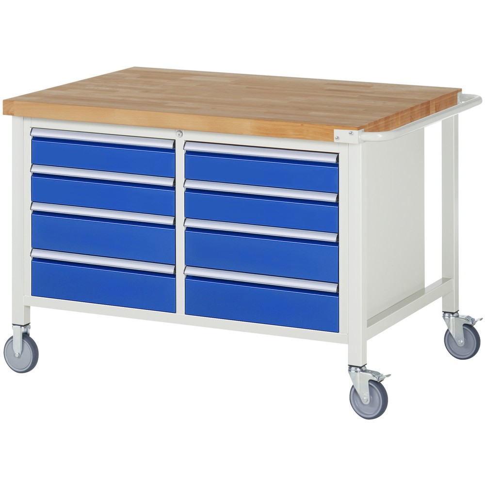 Product afbeelding: RAU verrijdbare werkbank serie 8000, h x b x d 880 x 1.250 x 900 mm, 1 dubbele onderbouwkast, met 8 lades