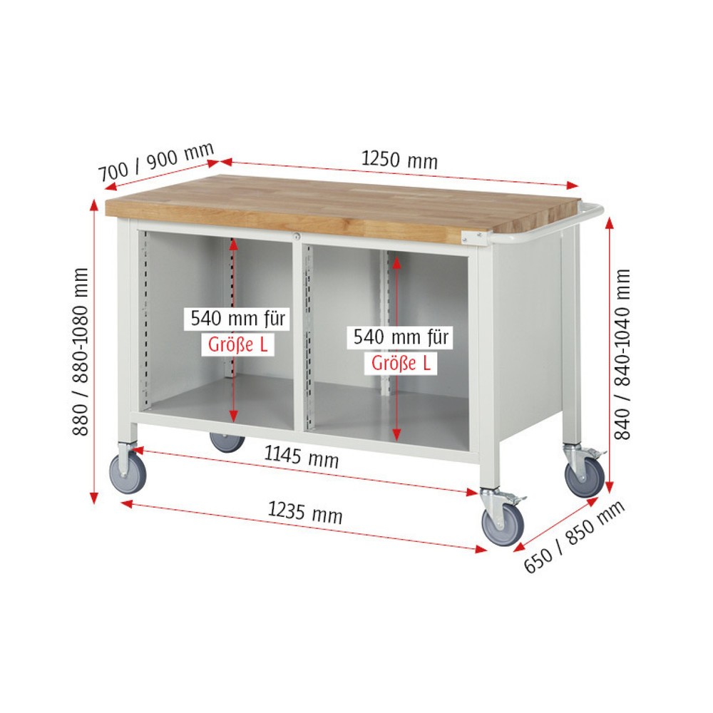Productafbeelding nr. 6: Mobiele werkbank RAU serie 8000, 1 dubbele kast, 1 legbord, 1 draaideur, hxbxd 880-1.080 x 1.250 x 900 mm, 4 x voor 90% uittrekbare lades