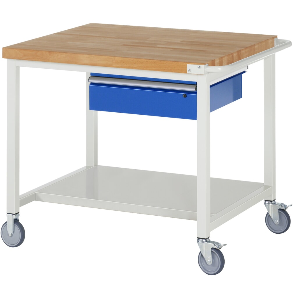 RAU verrijdbare werkbank serie 8000, h x b x d 880 x 1.000 x 900 mm, legbord onderaan, met 1 lade rechts Product afbeelding: RAU verrijdbare werkbank serie 8000, h x b x d 880 x 1.000 x 900 mm, legbord onderaan, met 1 lade rechts