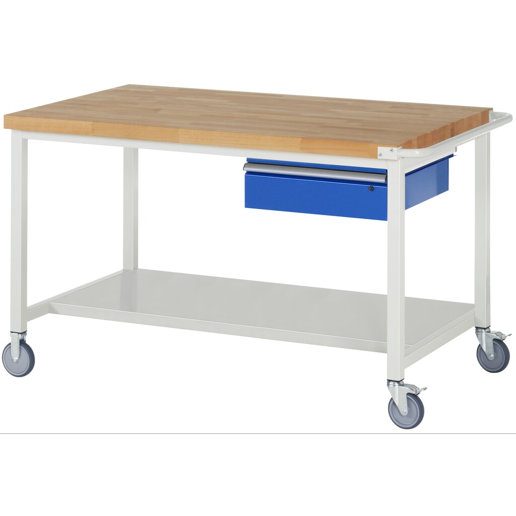 RAU verrijdbare werkbank serie 8000, h x b x d 880 x 1.500 x 900 mm, legbord onderaan, met 1 lade rechts Product afbeelding: RAU verrijdbare werkbank serie 8000, h x b x d 880 x 1.500 x 900 mm, legbord onderaan, met 1 lade rechts