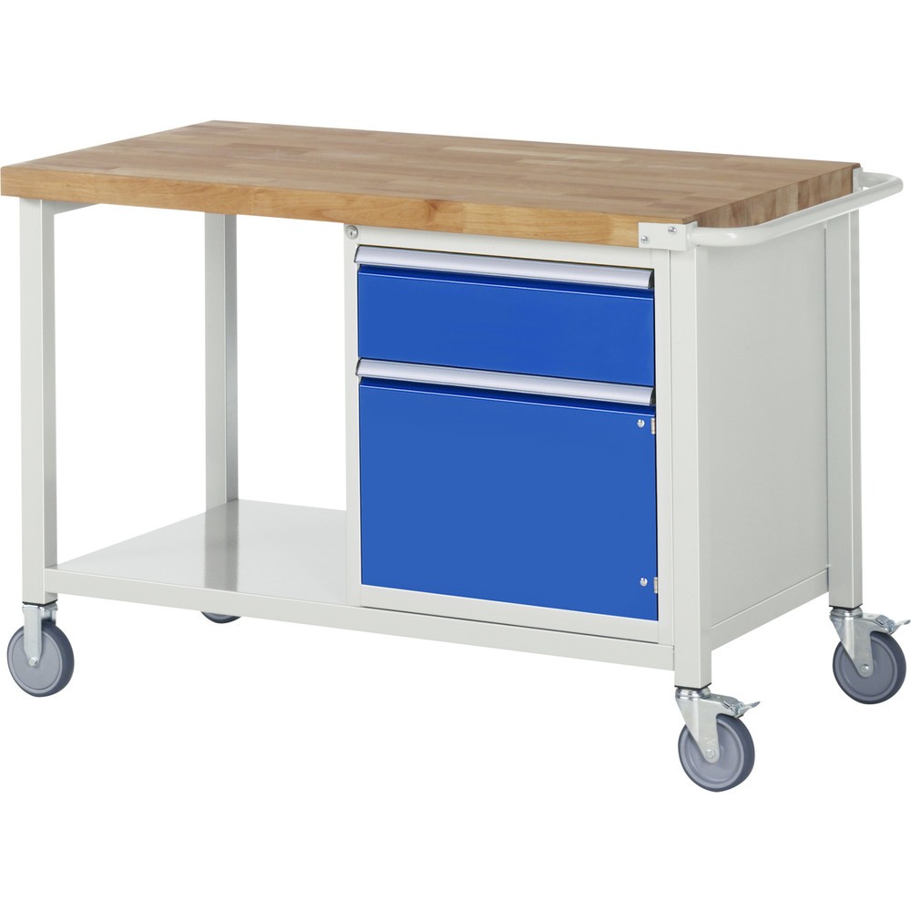 Product afbeelding: RAU verrijdbare werkbank serie 8000, h x b x d 880 x 1.250 x 700 mm, 1 onderbouwkast, met 1 lade en 1 openslaande deur