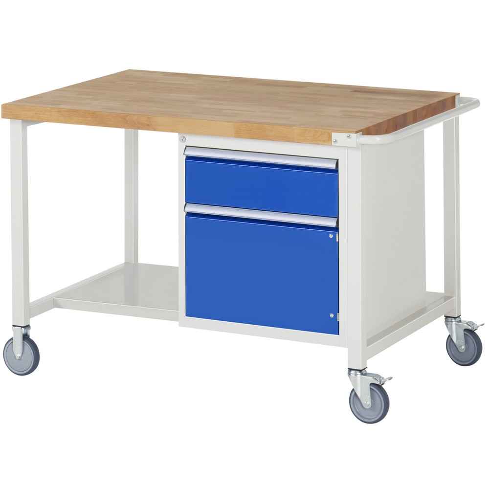 Product afbeelding: RAU verrijdbare werkbank serie 8000, h x b x d 880 x 1.250 x 900 mm, 1 onderbouwkast, met 1 lade en 1 openslaande deur
