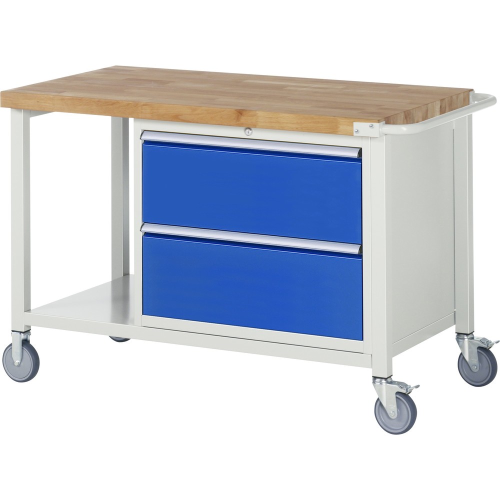 Productafbeelding nr. 1: Mobiele werkbank RAU serie 8000, 1 legbord, hxbxd 880-1.080 x 1.250 x 700 mm, 2 x voor 100% uittrekbare lades 2 x 270 mm