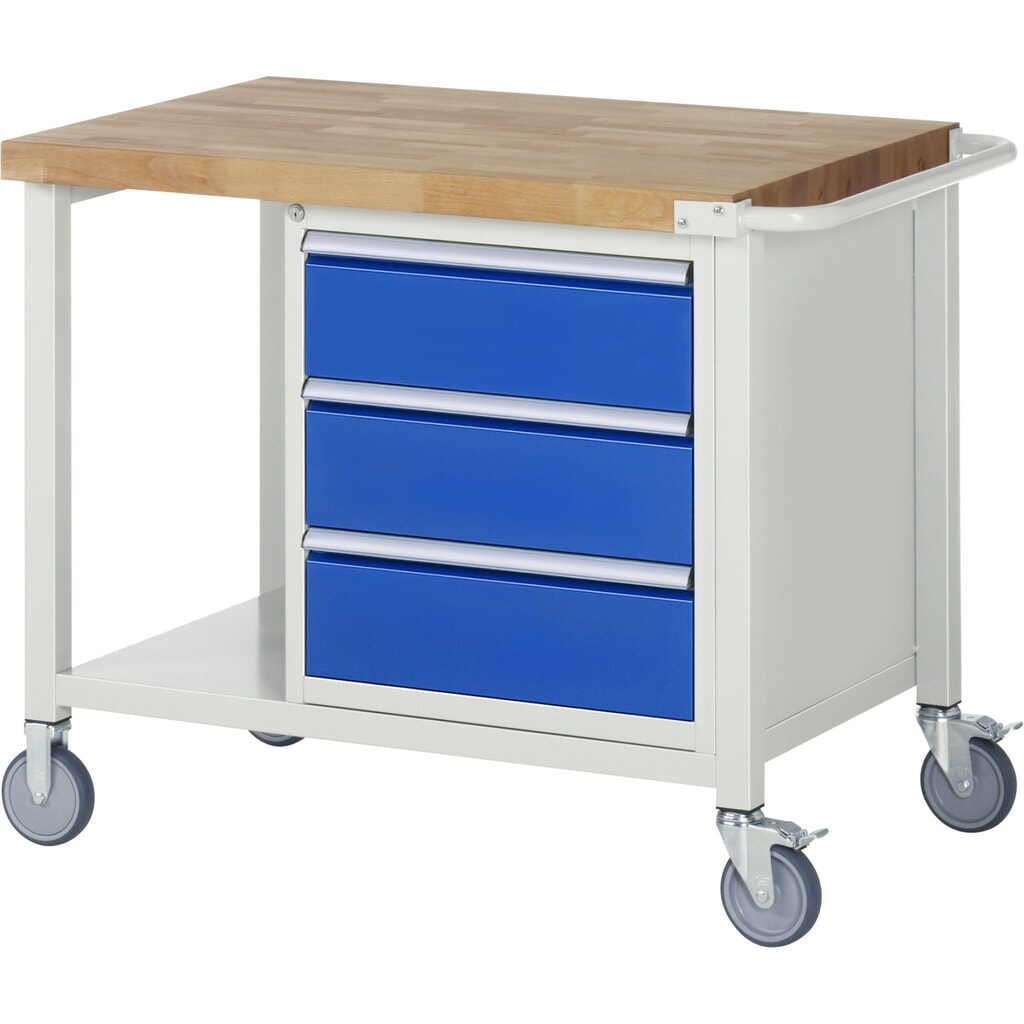 Product afbeelding: Mobiele werkbank RAU serie 8000, 1 legbord, hxbxd 880-1.080 x 1.000 x 700 mm, 3 x voor 100% uittrekbare lades, 3 x 180 mm, draagvermogen lade 100 kg